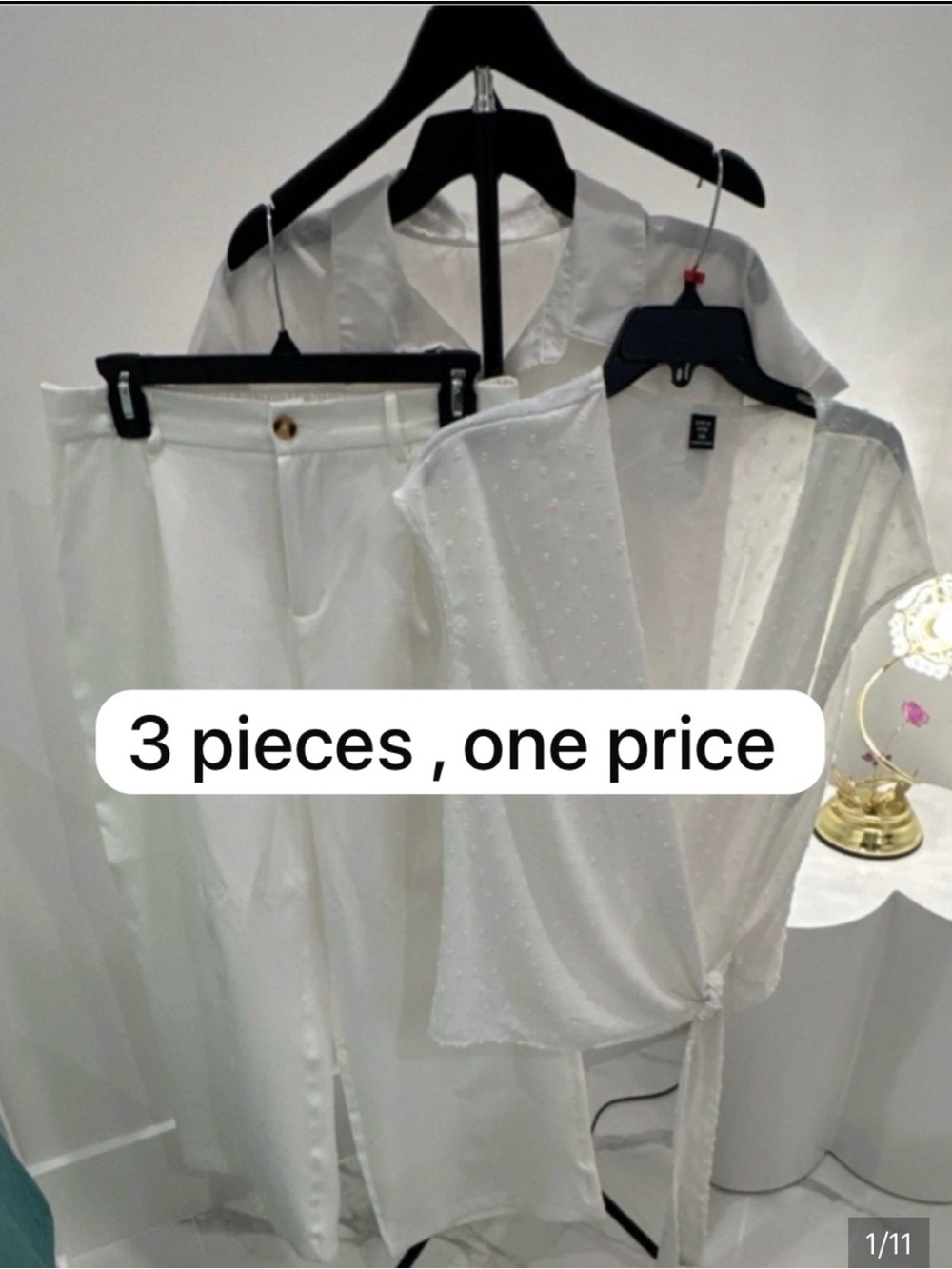 White Women's High-Waist Wide Leg Pants with Tie-Front Blouse